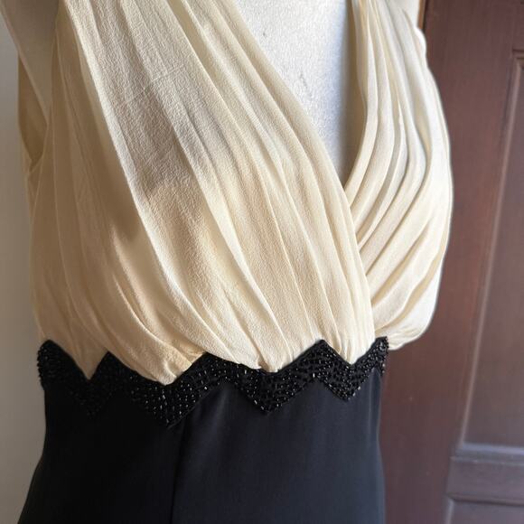 LUISA SPAGNOLI | Black & Cream Silk Surplice Bodice Beaded Cocktail Dress Size 6 - Picture 4 of 10